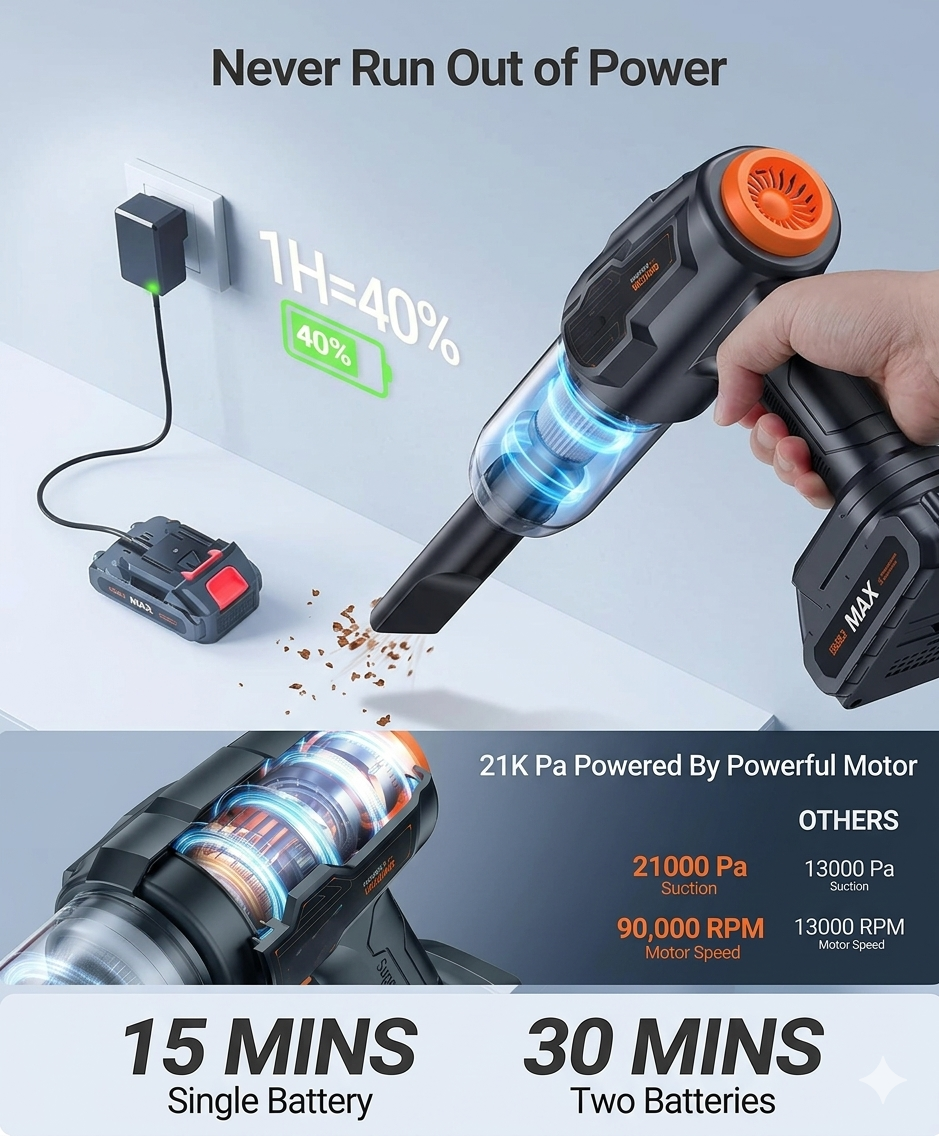MaxPower Pro 2-in-1 Handheld Cordless Vacuum – High-Suction Blower & Portable Car Cleaner (20L Capacity)